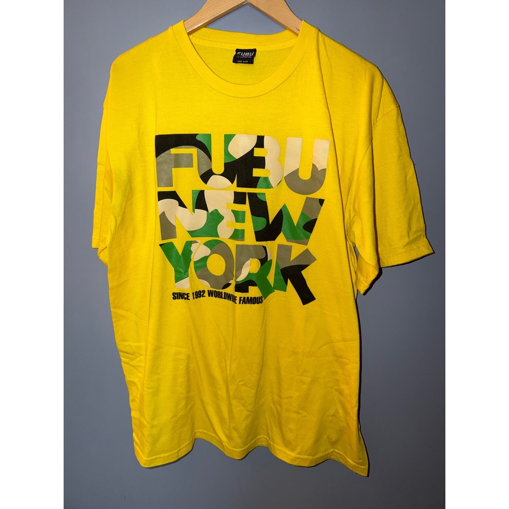 FUBU New York Graphic T-Shirt Mens Yellow Camo Logo Short Sleeve Cotton Tee